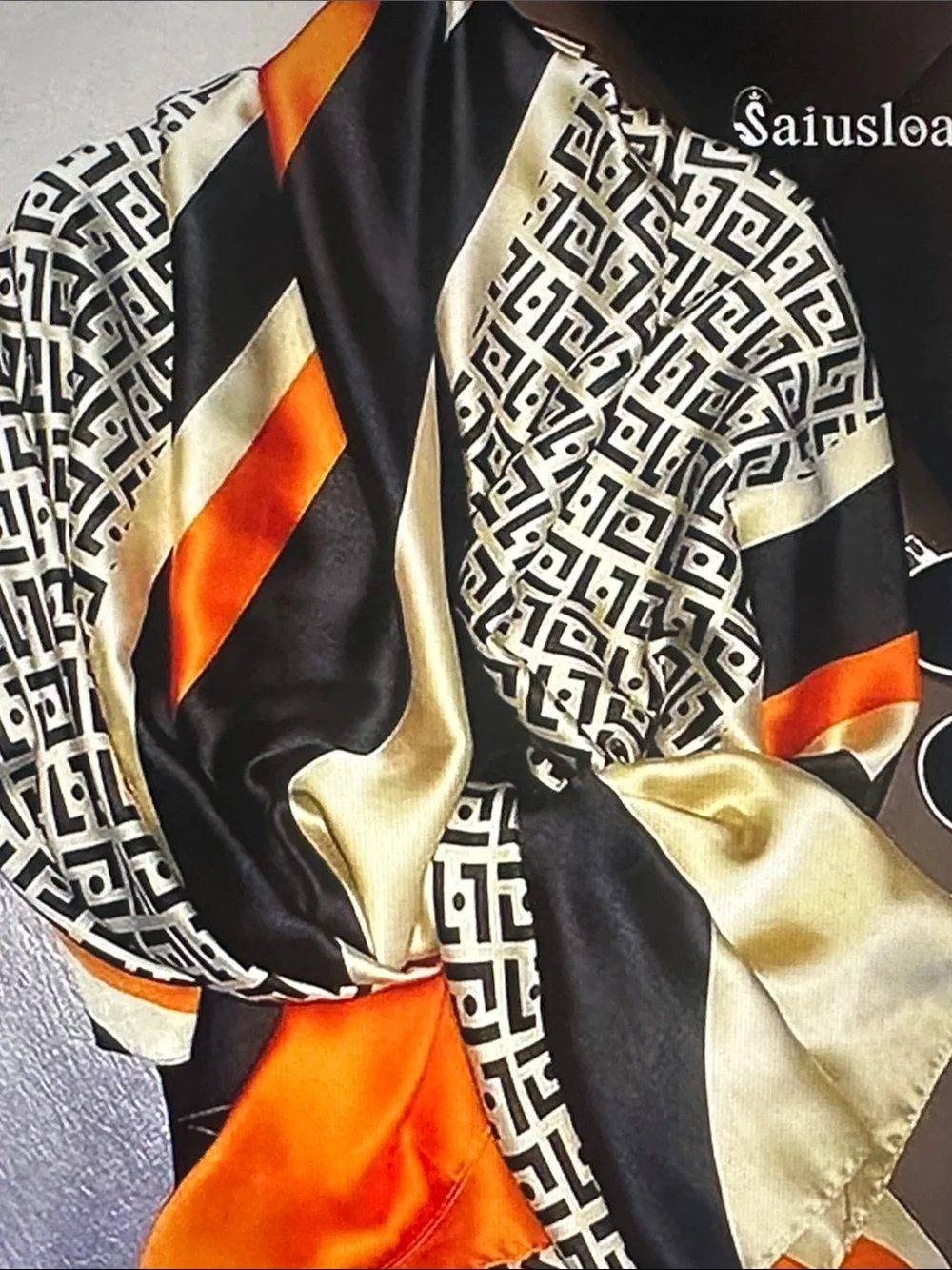 Silk Geometric & Stripe Scarf in Black, Cream & Orange